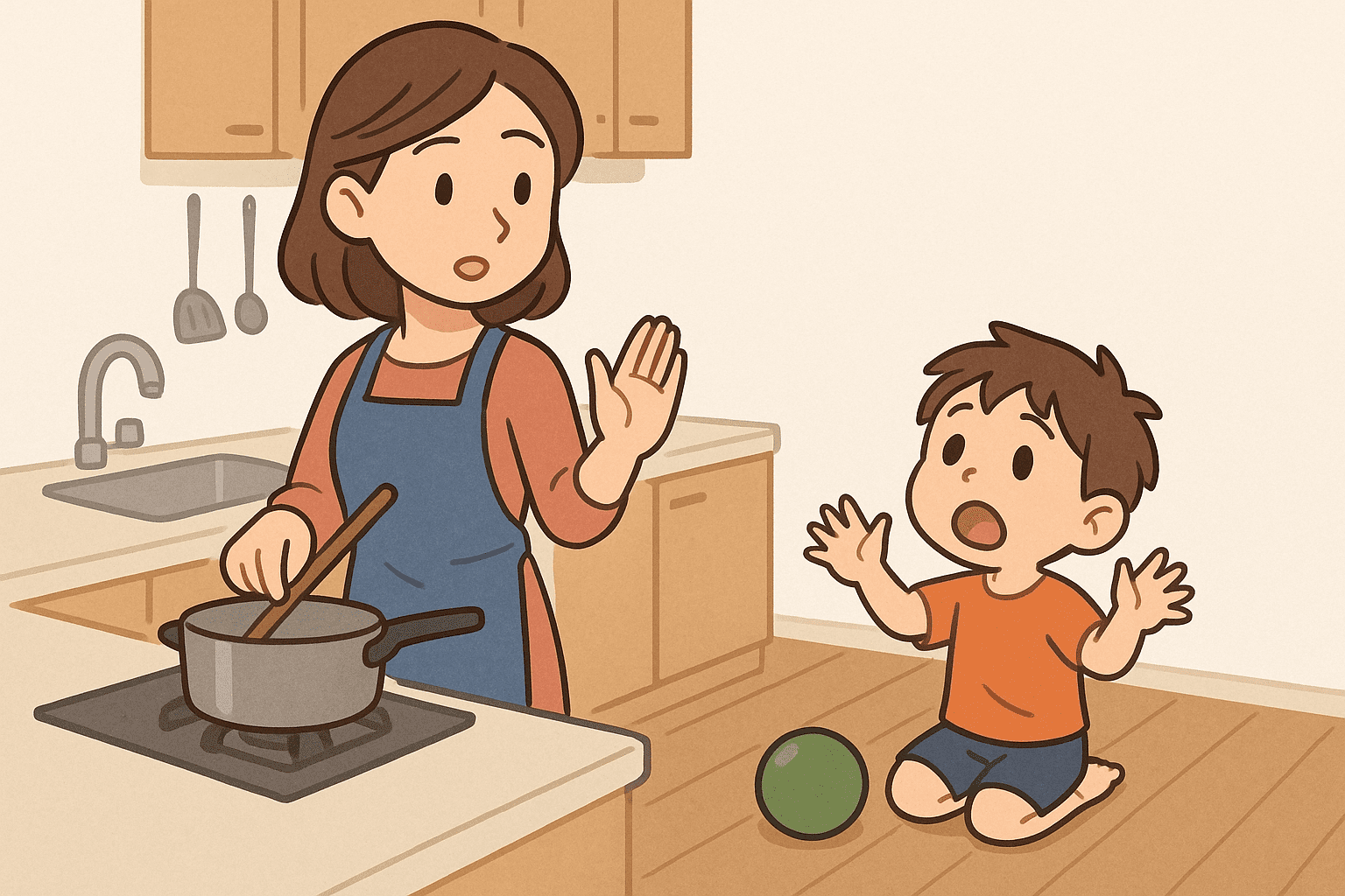 キッチンで家事をしているお母さんにこどもが「まだ？」と呼んでいる様子