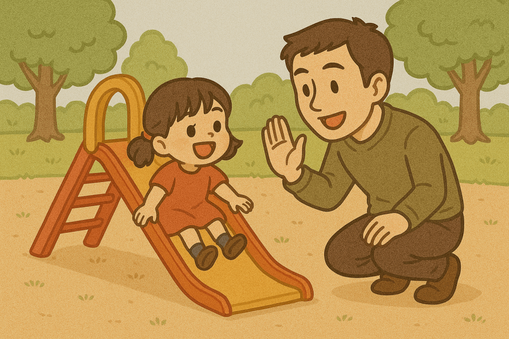 滑り台滑っている子どもとお父さん
