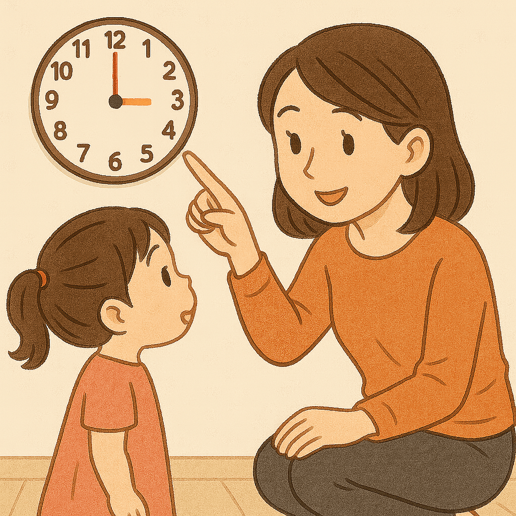 お母さんがこどもに時計を指さしている